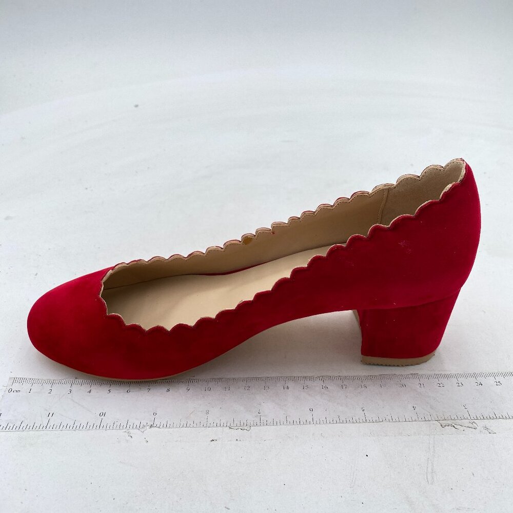 FSJ Red Suede Formal Chunky Heel Pumps Close Toe Slip On Business Dress Shoes